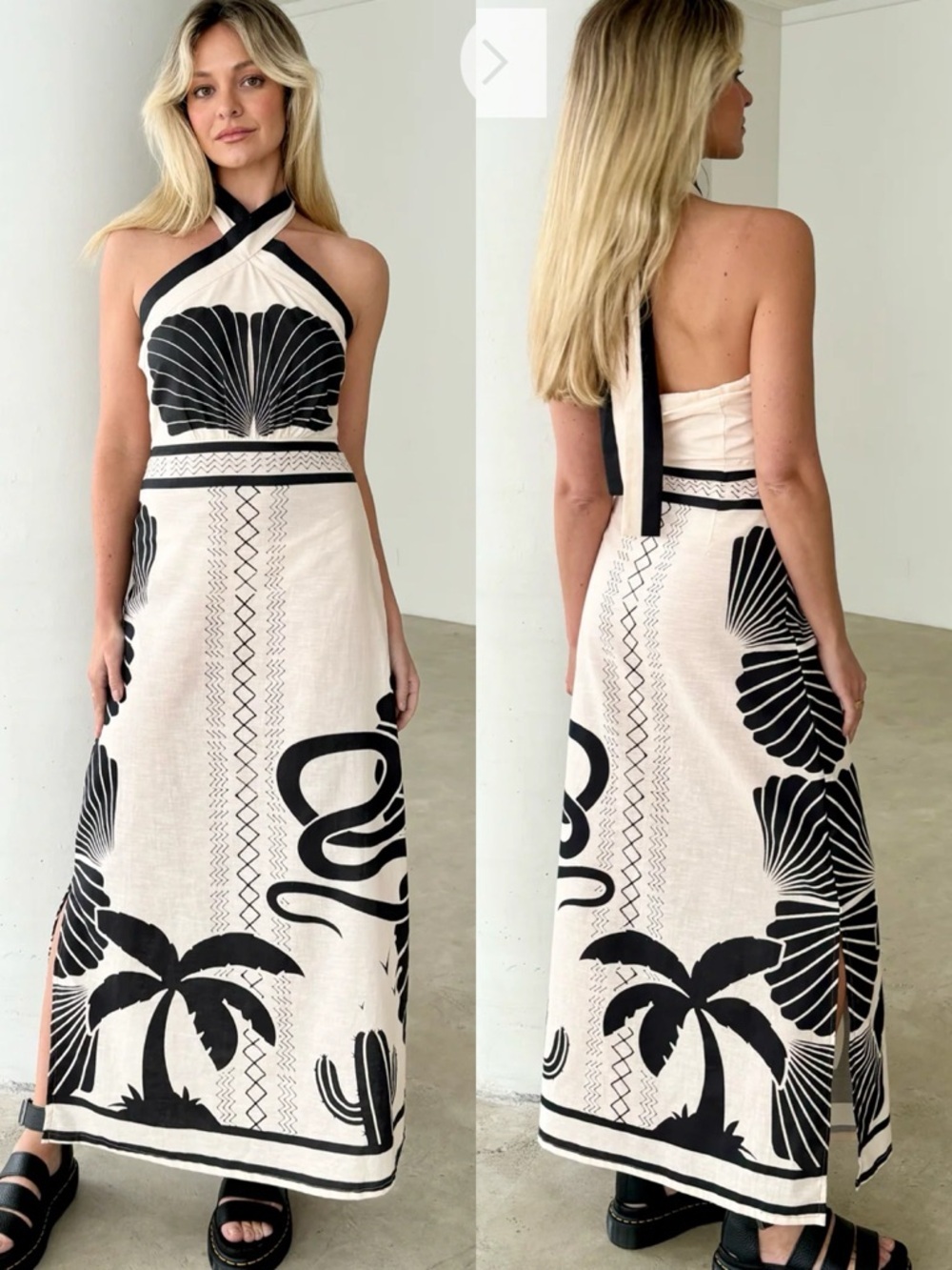 Mia Milani linen cotton halter maxi dress Palm tree cactus print cream black LG
